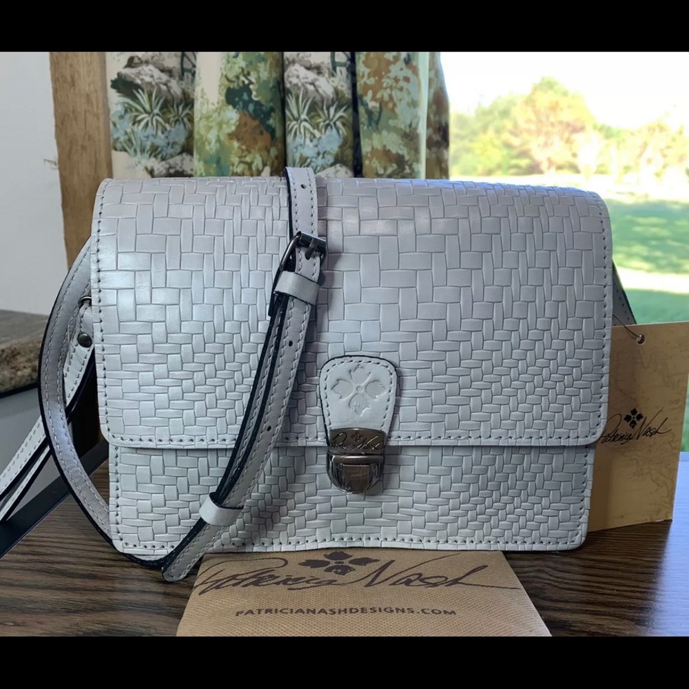 Patricia Nash Leather Lanza Conv. Crossbody Organizer Handbag Gray Wavy Woven